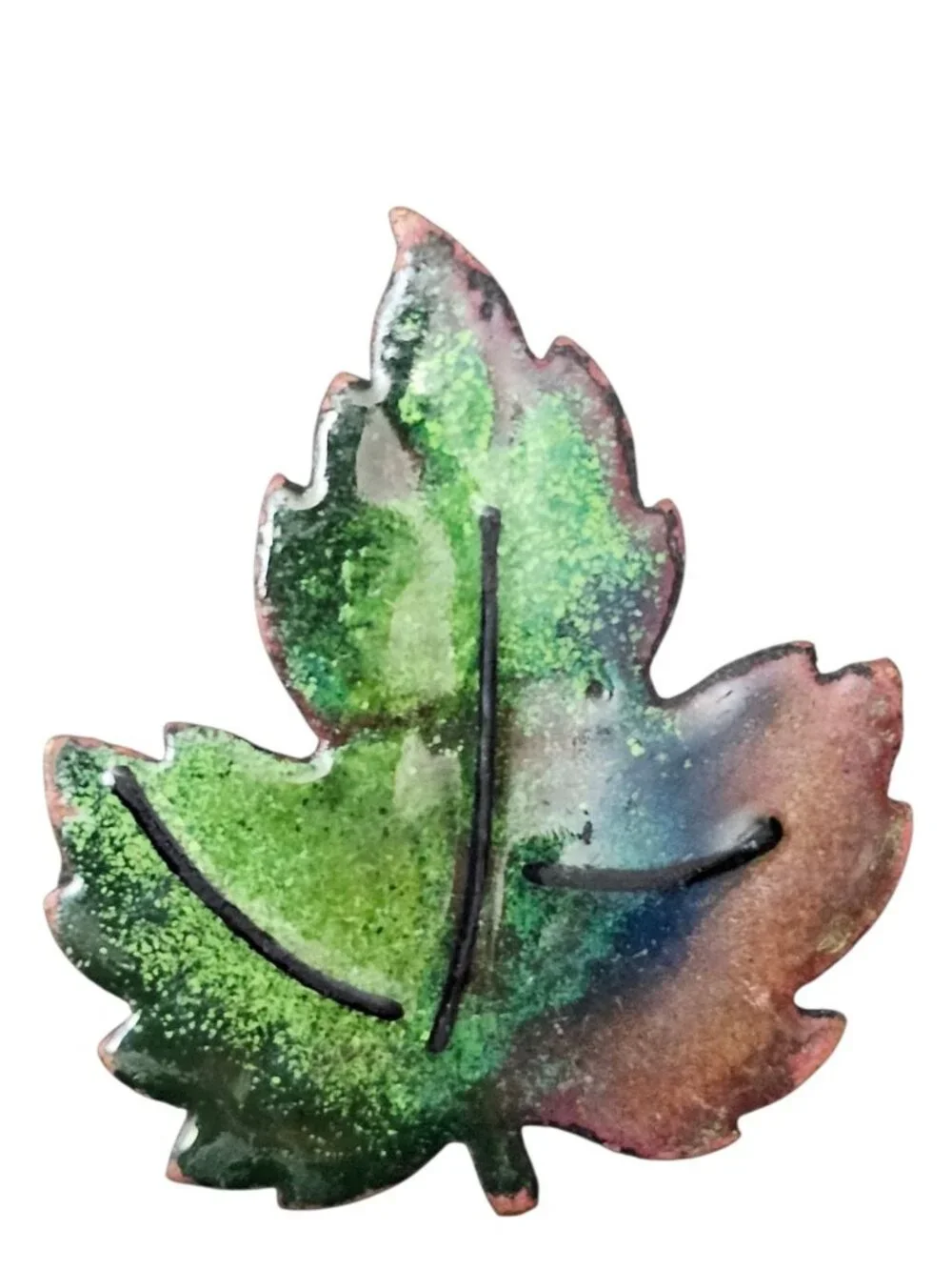 Vintage Enamel Copper Maple Leaf Brooch Pin Green Brown Handcrafted Art Jewelry
